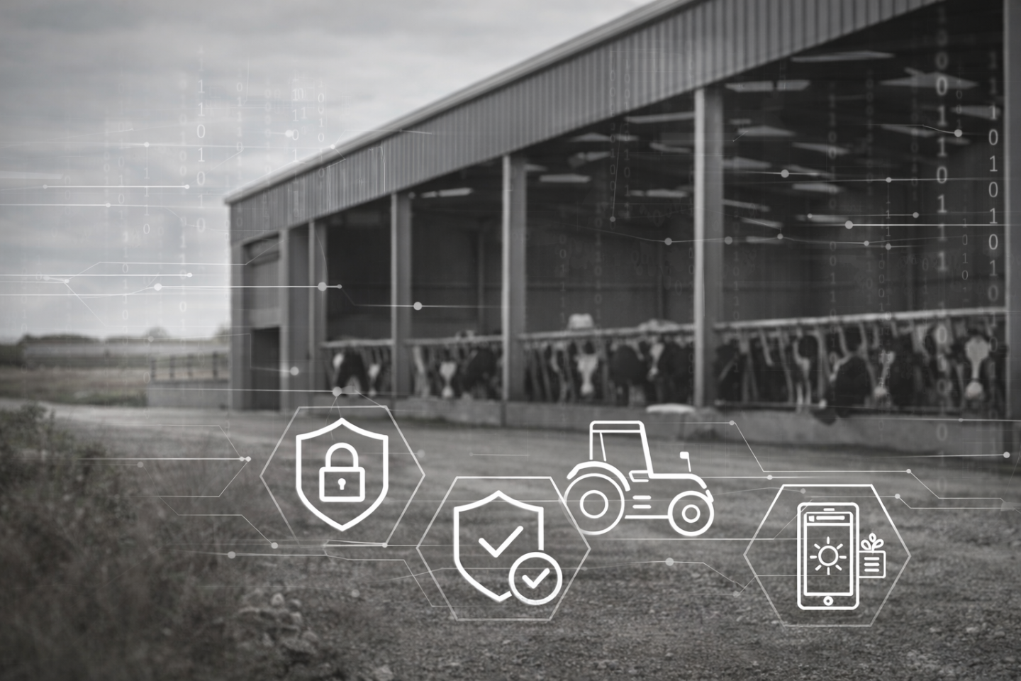 AI genererad bild i grå-vit skala med ikoner för säkerhet framför ett kostall.