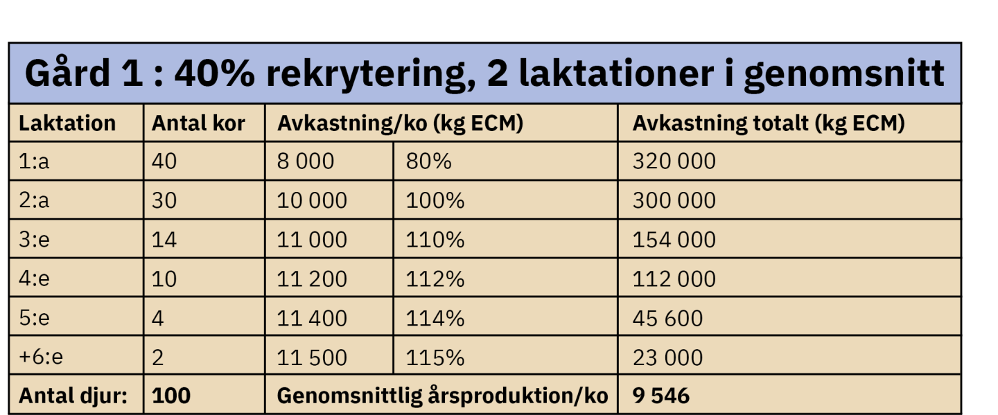 Tabell över beräkning för gård 1.