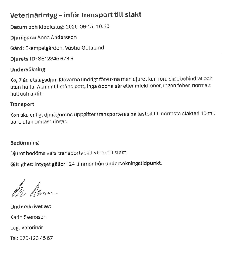 Exempel på veterinärintyg