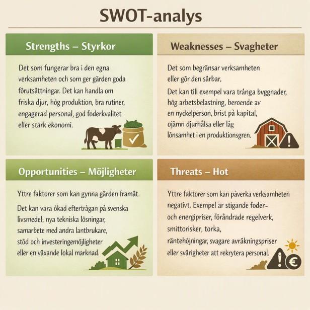 En bild som förklarar vad SWOT-analys är