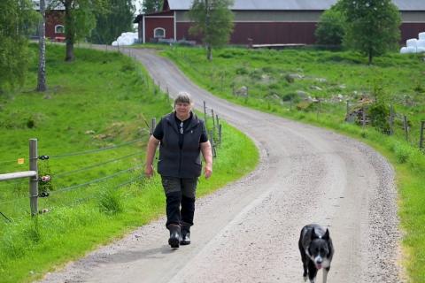 Kvinna går på en grusväg med en vallhund, röda gårdsbyggnader i bakgrunden.